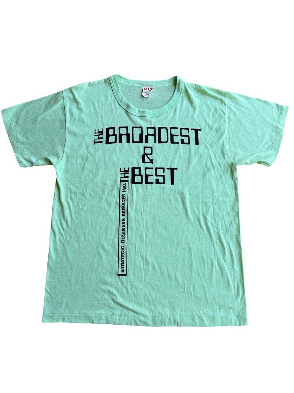 VTG QLT Single Stitch Green XL T-Shirt “Broadest & Best” Made in USA 80s 90s Fun